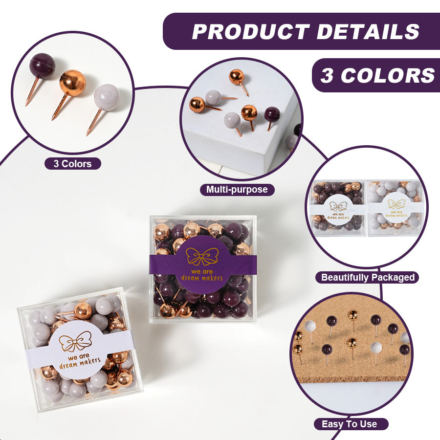 2 boxes 80 Pieces Map Push Pins, Small Round Head Marking Pins, Round Head Push Pin with Point Retro Metallic Color Beads Head Marking Pin (Gold purple white  Mixing colors)