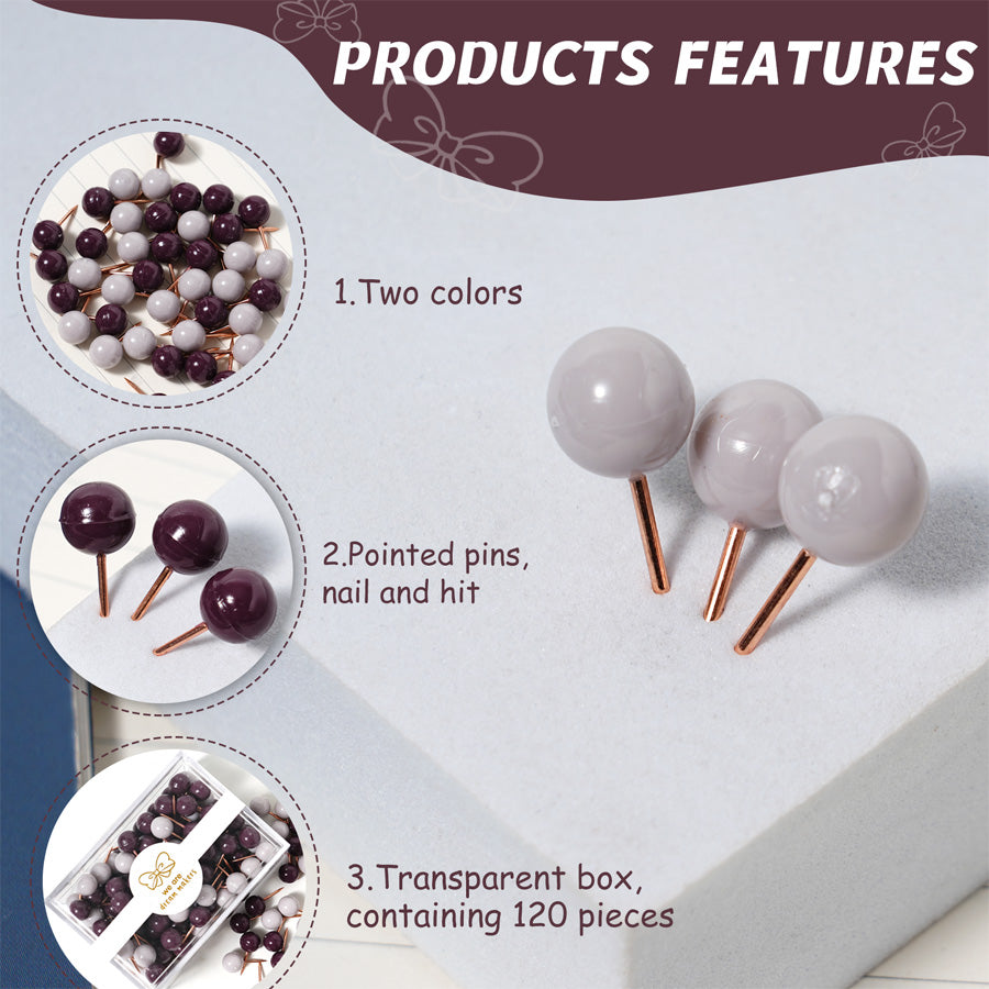 120PCS 0.78 Inch Small Round Head Map Tacks Pins for Home Office Bulletin Cork Board Use and DIY Craft Project (Purple AND White )