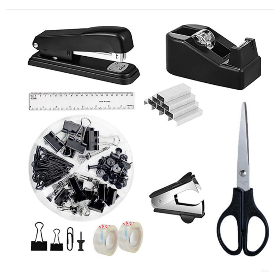 8-piece metal stapler heavy-duty 25 sheet capacity, equipped with 1000 staples+staple remover+scissors+tape base+tape+ruler+long tail clip paper clip set, full bar desktop stapler, unobstructed, anti slip for office and classroom, black