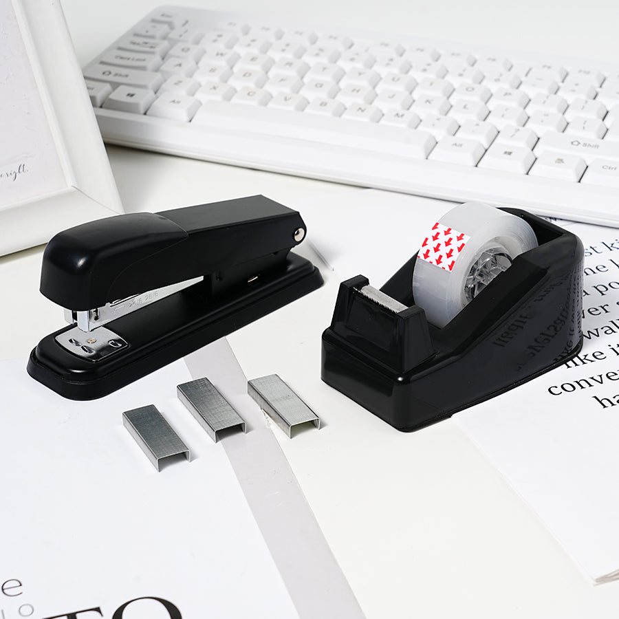 6-pack desktop tape dispenser with anti slip base, equipped with 6 transparent invisible tapes, 6 staplers, and 6 staples, used for packaging home, school, and office supplies