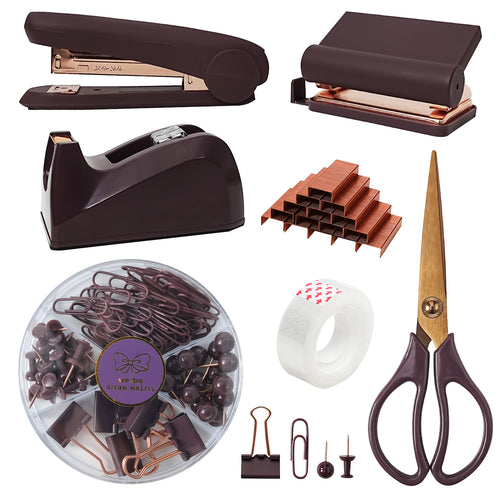 &nbsp;Business series office gray purple stapler and tape holder set, office supplies with tape holder, scissors, paper clips, paper clips and 1000 staples, small tape, scissors, student stationery