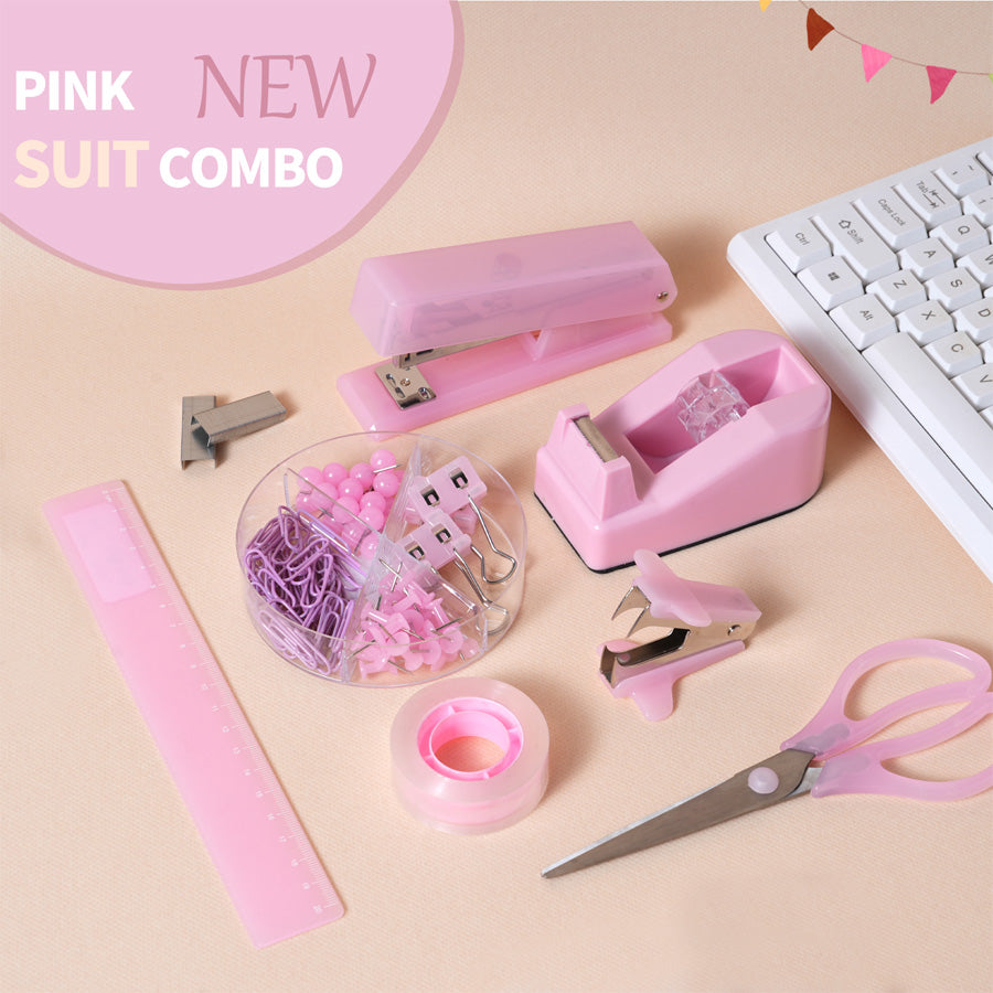 Office desk accessories, pink, blue, green, purple office supplies set for men and women, cute office supplies with stapler, stapler, scissors, clips, scissors and staples, ruler, tape, student stationery set