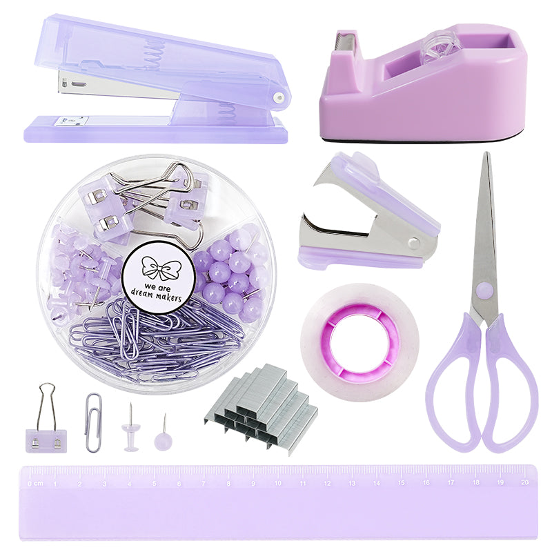 Office desk accessories, pink, blue, green, purple office supplies set for men and women, cute office supplies with stapler, stapler, scissors, clips, scissors and staples, ruler, tape, student stationery set