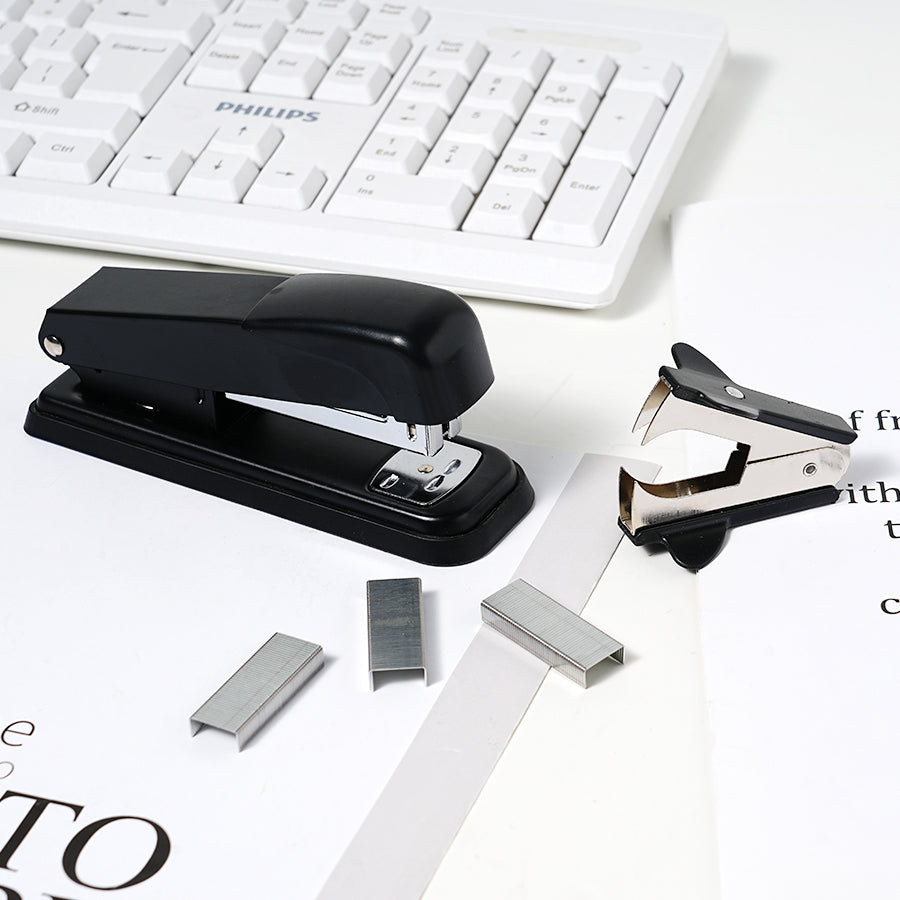 8-piece metal stapler heavy-duty 25 sheet capacity, equipped with 1000 staples+staple remover+scissors+tape base+tape+ruler+long tail clip paper clip set, full bar desktop stapler, unobstructed, anti slip for office and classroom, black