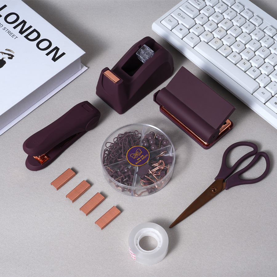 &nbsp;Business series office gray purple stapler and tape holder set, office supplies with tape holder, scissors, paper clips, paper clips and 1000 staples, small tape, scissors, student stationery