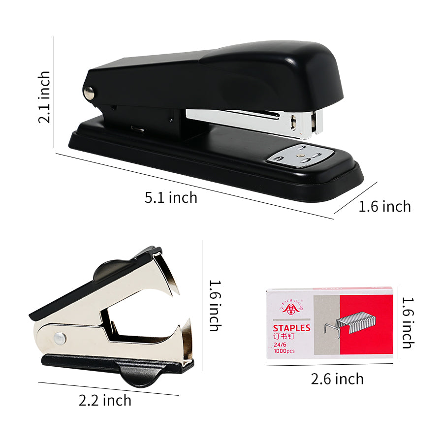 Easy desktop stapler, 25-30 sheets capacity, including 6 staplers+6000 staples+6 nail lifters, single touch binding, ergonomic and easy to load desktop stapler, heavy-duty stapler, magnetic staple remover, black