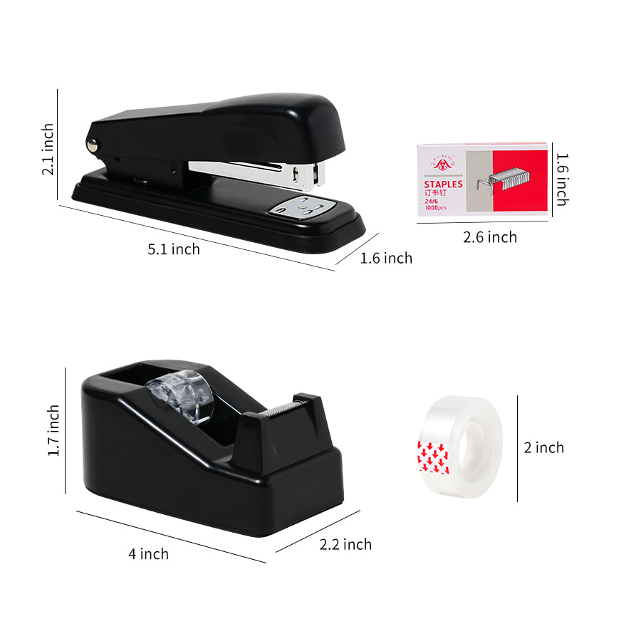 6-pack desktop tape dispenser with anti slip base, equipped with 6 transparent invisible tapes, 6 staplers, and 6 staples, used for packaging home, school, and office supplies