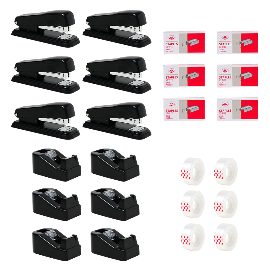6-pack desktop tape dispenser with anti slip base, equipped with 6 transparent invisible tapes, 6 staplers, and 6 staples, used for packaging home, school, and office supplies