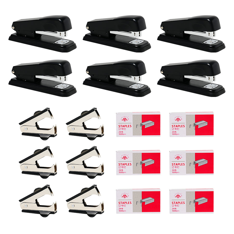 Easy desktop stapler, 25-30 sheets capacity, including 6 staplers+6000 staples+6 nail lifters, single touch binding, ergonomic and easy to load desktop stapler, heavy-duty stapler, magnetic staple remover, black