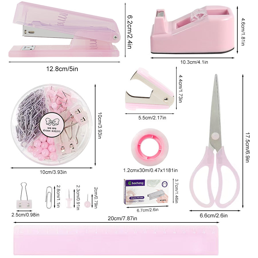 Office desk accessories, pink, blue, green, purple office supplies set for men and women, cute office supplies with stapler, stapler, scissors, clips, scissors and staples, ruler, tape, student stationery set