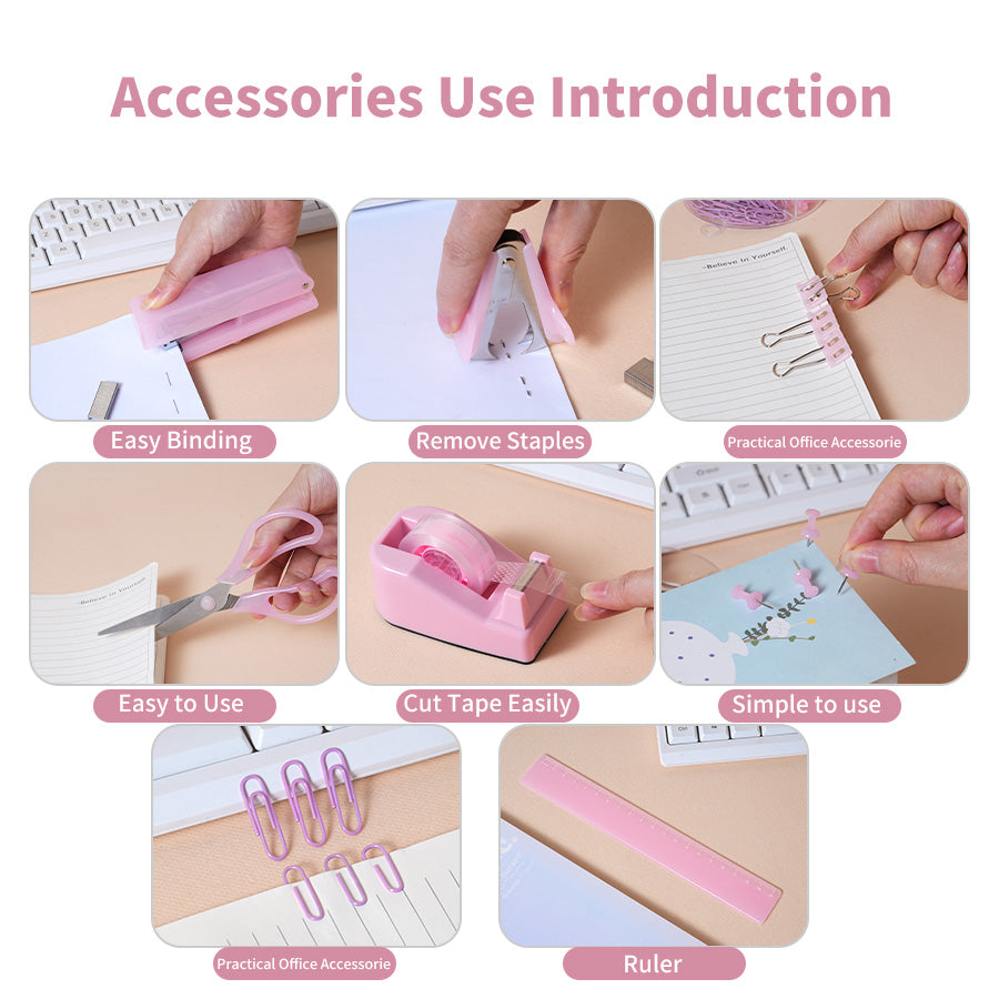 Office desk accessories, pink, blue, green, purple office supplies set for men and women, cute office supplies with stapler, stapler, scissors, clips, scissors and staples, ruler, tape, student stationery set