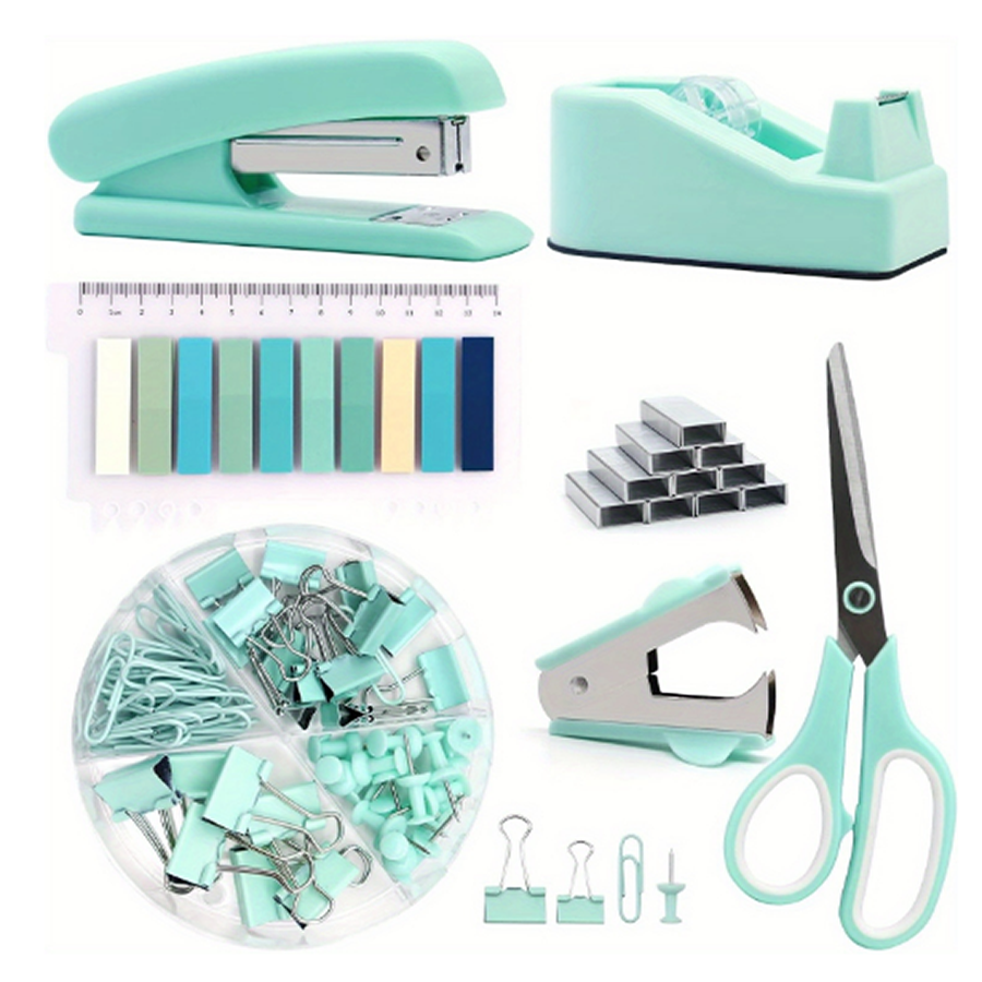 7-piece set of student supplies, office supplies, stapler+1000 staples+scissors+tape base+paper clip set, one box+nail remover+sticky notes