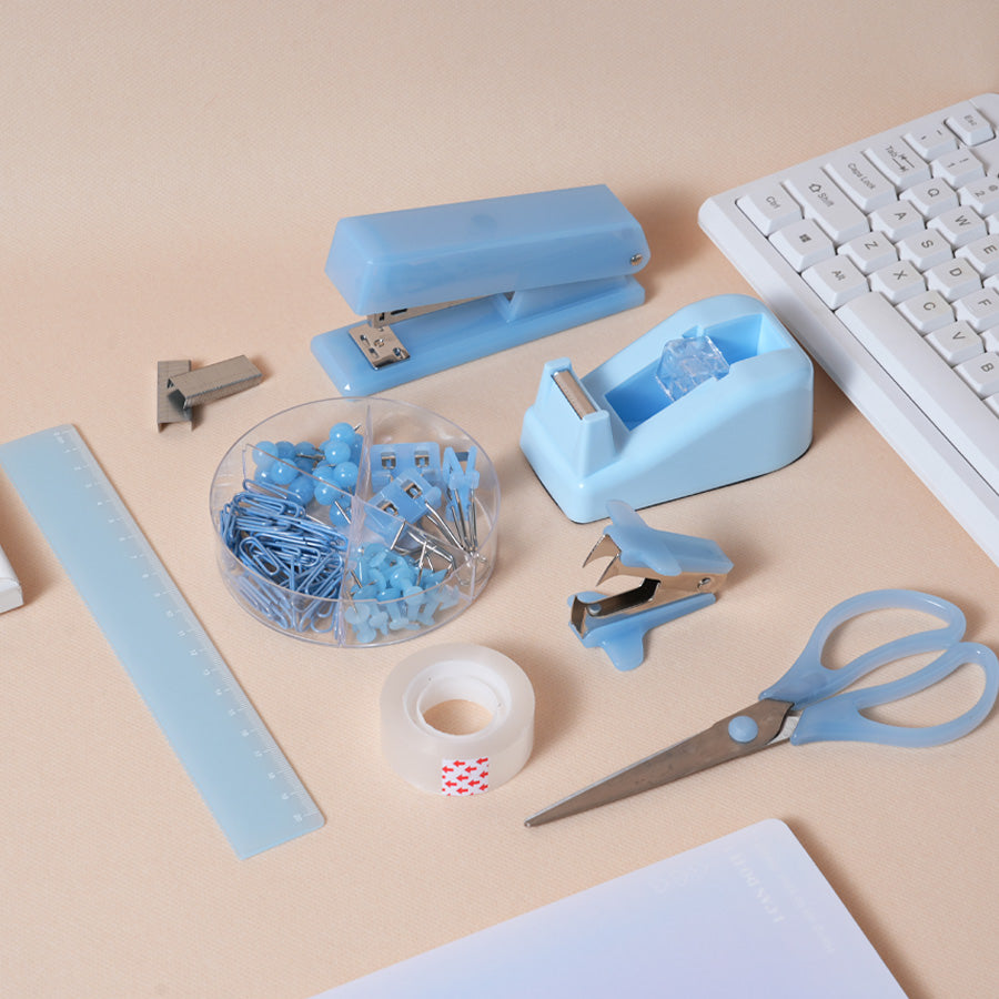 Office desk accessories, pink, blue, green, purple office supplies set for men and women, cute office supplies with stapler, stapler, scissors, clips, scissors and staples, ruler, tape, student stationery set