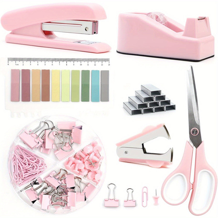 7-piece set of student supplies, office supplies, stapler+1000 staples+scissors+tape base+paper clip set, one box+nail remover+sticky notes