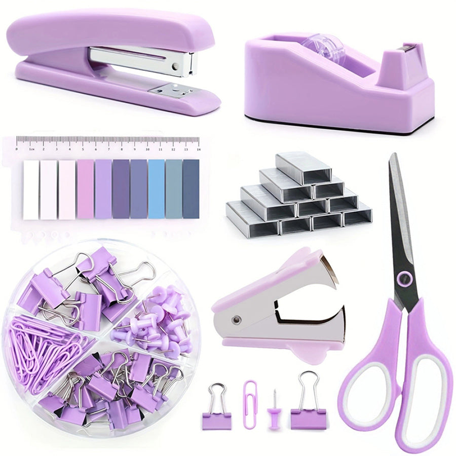 7-piece set of student supplies, office supplies, stapler+1000 staples+scissors+tape base+paper clip set, one box+nail remover+sticky notes